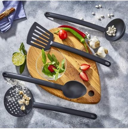 4 Parça Yanmaz Yapışmaz Teflon Kaplama Servis Seti Kepçe Kevgir Spatula Kaşık Plastik Servis Takımı