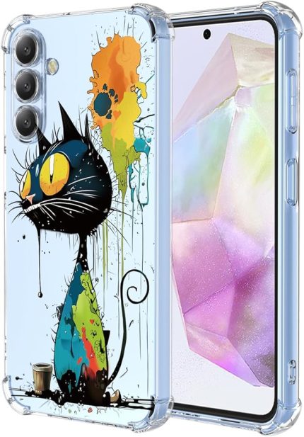 Samsung Galaxy A56 5G için Şeffaf Kılıf - Sevimli Havalı Desen Tasarımı İnce Şeffaf Koruyucu Kılıf Yumuşak TPU Darbeye Dayanıklı Tampon Kapağı (Siyah Kedi)