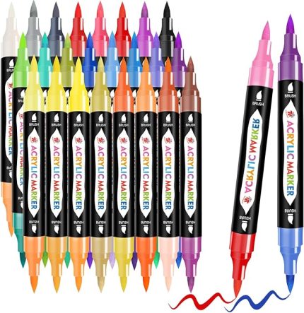 The Best Crafts Akrilik kalemler, 48 renk, 24 adet çift uçlu akrilik kalem, taşlar için, suya dayanıklı, taş boyama kalemleri, akrilik boya kalemi, tuval, ahşap, azizler için cam boyama kalemleri