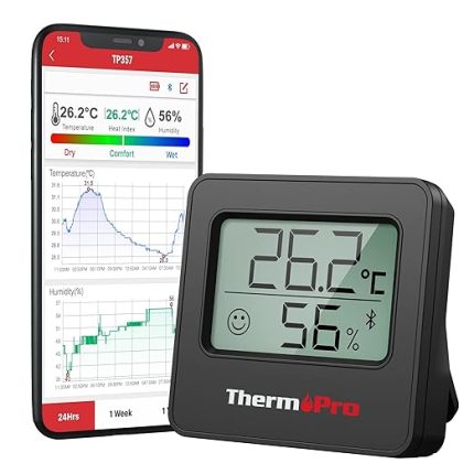 TP357 260FT Bluetooth Higrometre, Uzaktan Sıcaklık ve Nem Monitörü ve Akıllı APP ile, Maksimum ve Min Kayıtlı Sıcaklık ve Nem Sensörü Ölçer, Siyah