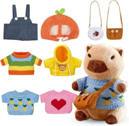 pelüş hayvan, Capybara pelüş hayvan, 23 cm, 5 kıyafet ve şapka ve 2 cepli, su domuzu pelüş hayvan, simülasyon hayvan Capibara bebekleri, kapibara kumaş hayvan, çocuklar, kız ve erkek çocuklar