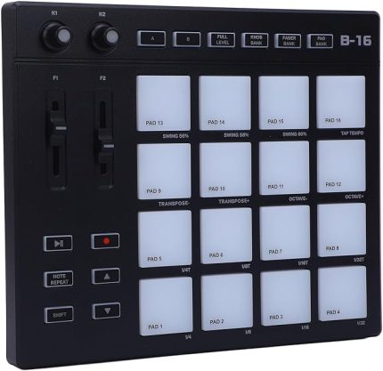 Pad Denetleyicisi, RGB Taşınabilir MIDI Drum Pad Kontrolörü 16 Drum Ped, 2 Atandırılabilir Fader Düğmesi, Özelleştirilebilir Anahtarlar, Yeni Başlayan Müzik Prodüksiyonu Için