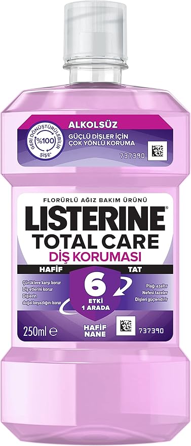 total care, diş koruyucu, 6 etkili florürlü ağız bakım ürünü, hafif tat, sıfır alkol, nane aromalı, 250ml