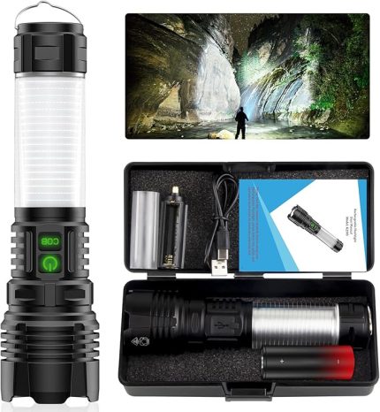 LED el feneri, şarj edilebilir, 250000 lümen LED el feneri, son derece parlak, COB yan aydınlatma ve 5000 mAh pil, 5 aydınlatma modu, IPX5 su geçirmez, dış mekan, acil durumlar/kamp/yürüyüş