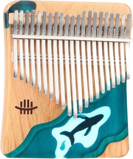Hluru 21 Tuşları Kalimba Piyano Kayın Ahşap Başparmak Parmak Piyano Enstrüman Mavi Okyanus Balina Desen Çocuklar için Yetişkinler Yeni Başlayanlar için Tuning Çekiç ile Songbook