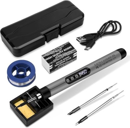 Pilli lehim seti, USB şarj edilebilir lehim havyası, LCD ekranlı, sıcaklık ayarlanabilir 330 ℃ - 450 ℃, 3 lehim ucu, lehim teli, lehim pastası, profesyonel güvenli komple havya, gri