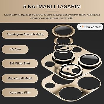 iPhone 11/12 Mini için Tek Parça Darbeye Dayanıklı Kamera Lens Koruyucu, Gece Çekim Modu Uyumlu, HD Alüminyum Alaşım Çerçeveli 9H Sertliğinde Temperli Cam (Gold) - Görsel 3