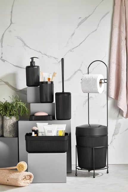 Parça Siyah Banyo Seti Metal Stantlı Kovalı Wc Kağıtlık Kozmetik Kutusu Diş Fırçalık Ve Sabunlukla