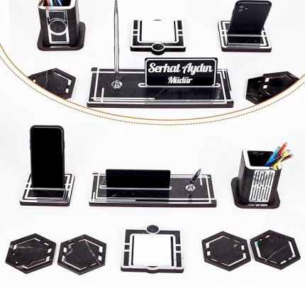 Space+Gümüş Kalemlik Ahşap Masa İsimliği Seti Mermer Desen Hediye Ofis Organizer Masa üstü İsimlik