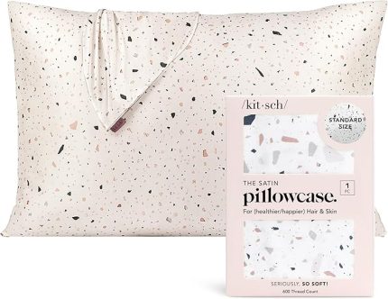 Saç ve Cilt için Saten Yastık Kılıfı - İpekten Daha Yumuşak ve | Fermuarlı Yastık Kılıfları Standart Kraliçe (Beyaz Terrazzo, 1 Paket)