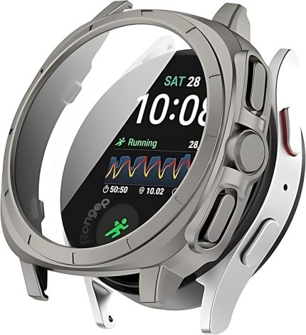 Samsung Galaxy Watch 7 44mm için Kasa Dönüştürücü Kılıf Yeni Nesil Görünüm Veren PC + Temperli Ekran Koruyuculu Dokunmatiği Etkilemeyen Sert Kabuklu Kasa Koruyucu (Titanyum)