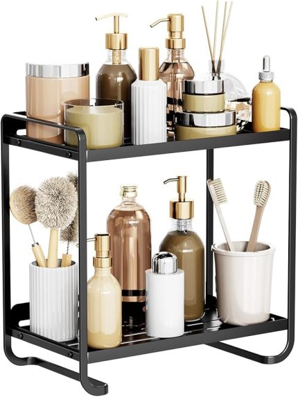 Cilt bakım düzenleyici, 2 katlı parfüm düzenleyici, banyo düzenleyici, tezgah, makyaj masası için saklama kutusu, losyon, kozmetik için saklama kabı (siyah)