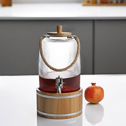 Musluklu Cam İçecek Sebili 3 L Bambu Standlı, Halat Kulplu Şık Sunum Damacanası Su Sebili