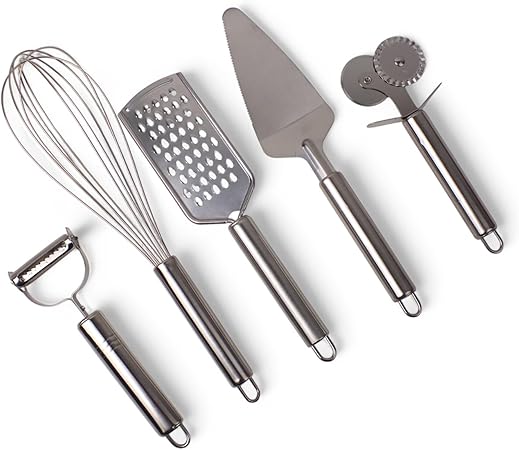 Paslanmaz Çelik 5’li Mutfak Seti, Paslanmaz Çelik Rende, Çırpıcı, Soyucu, Servis ve Hamur Kesici - Görsel 3