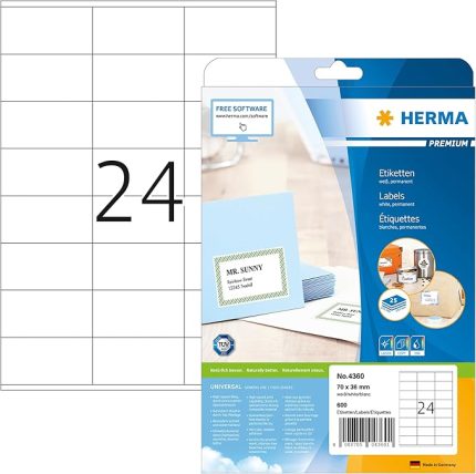 4360 Adres Etiketi, 25 Yaprak, 70 x 36 mm, A4 Başına 24, 600 Adet, Kendinden Yapışkanlı, Yazdırılabilir, Mat, boş Kağıt, Adres Çıkartması, Beyaz