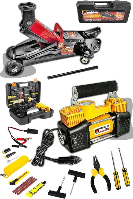 Germany Stlye 2 Ton Timsah Kriko ve 150 Psı Çift Piston Çakmaklı Kompresör Lastik Tamir Kiti Hediyeli