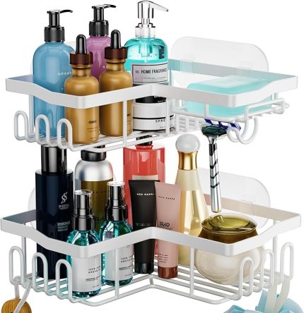 Köşe Duş Rafı - Köşe Duş Rafı Delme Yok, Sabun ve Tıraş Tutuculu Beyaz Banyo Düzenleyici, Banyo Rafları Banyo, Mutfak, 2'li Paket, 6 Yapıştırıcı için Duvara Monte