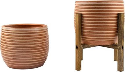 Tasarımı Ev Dekorasyon Yan Çizgi Desenli Toprak Saksı Saksılık Salon Çiçeklik İkili Set Ayaksız - 4 Ayaklı- 19 CM