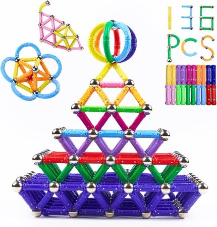 Manyetik Yapı Çocuk,136 Parça Manyetik Çubuk Oyuncak, Yetişkinler ve Çocuklar için Beyin Eğitimi için Manyetik Yapı Oyuncakları
