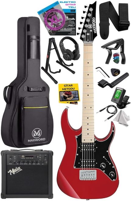 DE-150RD-25AMP Maple Klavye HH Yüksek Kaliteli 25W Amfili Elektro Gitar Seti