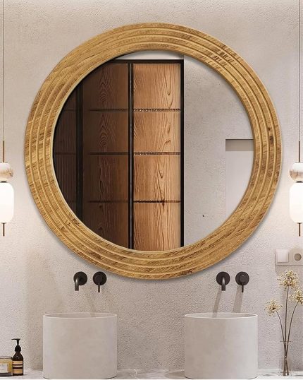 Ahşap Dekoratif Ayna Yuvarlak Ayna Duvar Aynası Banyo Lavabo Aynası (medium)