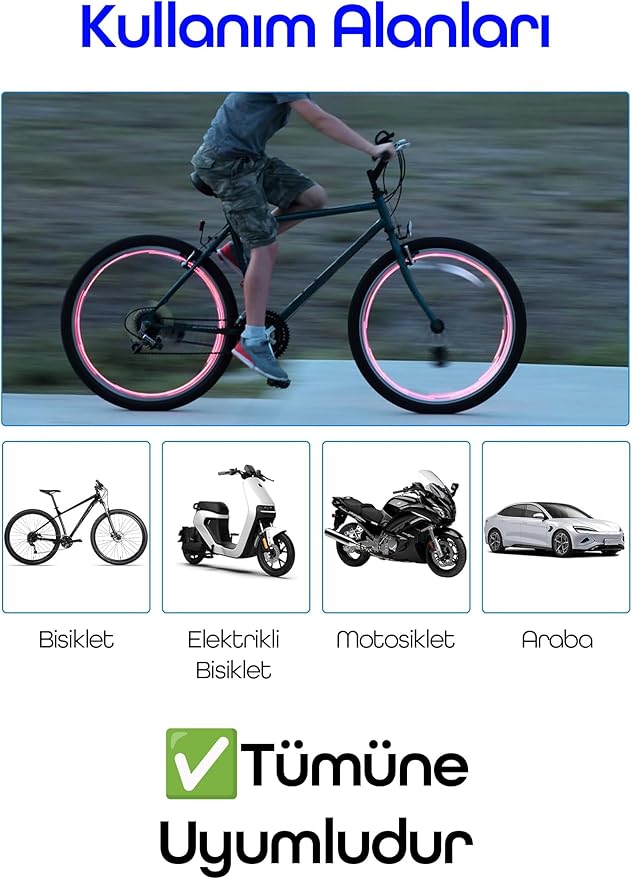 2li Hareket Sensörlü Bisiklet Teker Işığı LED Araba Motor Tekerlek Lambası Sibop Kapağı Kırmızı 3972 - Görsel 5