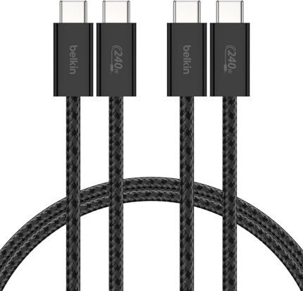 2'li Örgülü USB-C - USB-C Kablo, 1,5 m, 240 W, Yumuşak, Esnek ve Hızlı Şarj Kablosu, iPhone 16 ve 15 Serisi, Galaxy S25, Pixel 9, iPad Pro ve Daha Fazlasıyla Uyumlu, Siyah