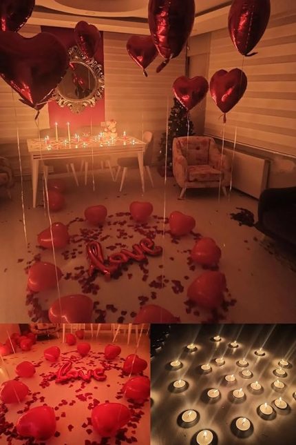 Winky Sevgili Set Kuru Gül Yaprağı,banner,20 Kalp Balon,20 Beyaz Mum Romantik Hediye 14 Şubat kırmızı