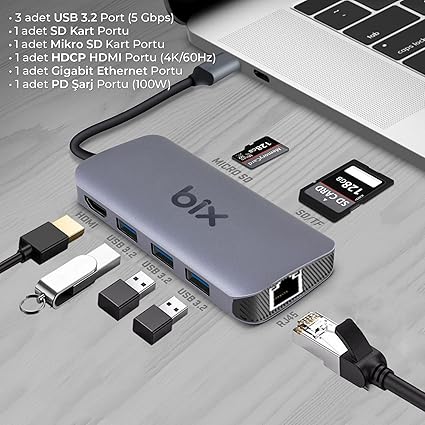 BX10HB PRO 8in1 USB C Hub 4K@60Hz HDCP HDMI, 1Gbps RJ45, 3x USB 3.2, 100W PD Port Macbook Uyumlu Dönüştürücü - Görsel 2