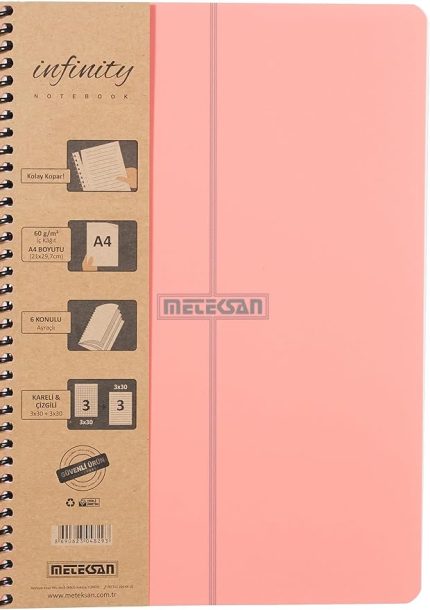 Infinity Pastel Serisi, A4, 6 Konulu (3 Kareli, 3 Çizgili) 180 Yaprak PP Kapaklı Spiralli Defter, Pembe