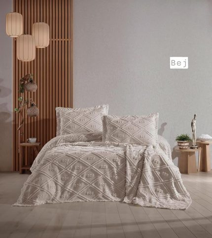 Punç İşi Çift Kişilik Yatak Örtüsü Seti (bej)