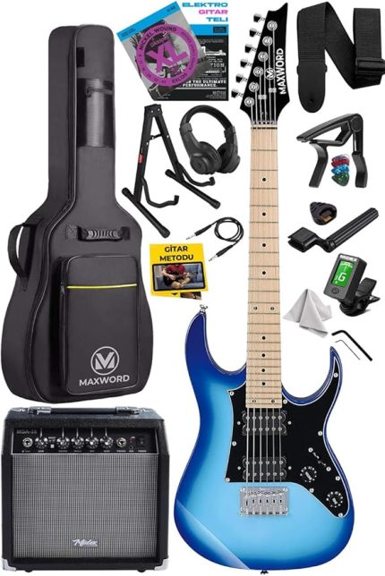 DE-150BL-35AMP Maple Klavye HH Yüksek Kaliteli 35W Amfili Elektro Gitar Seti