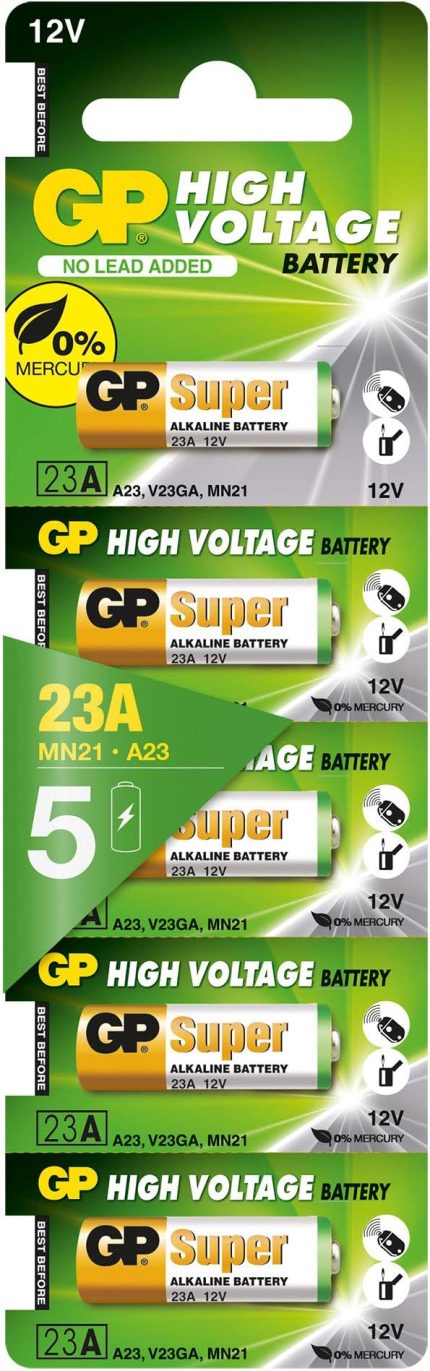 Batteries GP23A Süper Alkalin 23A/MN21/V23GA Boy Pil, 12 Volt, 5'li Kart, Bakır/Beyaz/Yeşil
