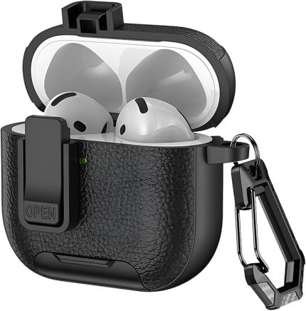 Airpods 4 ile Uyumlu Deri Görünümlü Şarj Girişi ve Kapağı Kilitlenebilir Cihazı Tam Saran Silikon Kılıf Kapak (Siyah, Airpods 4 (2025))
