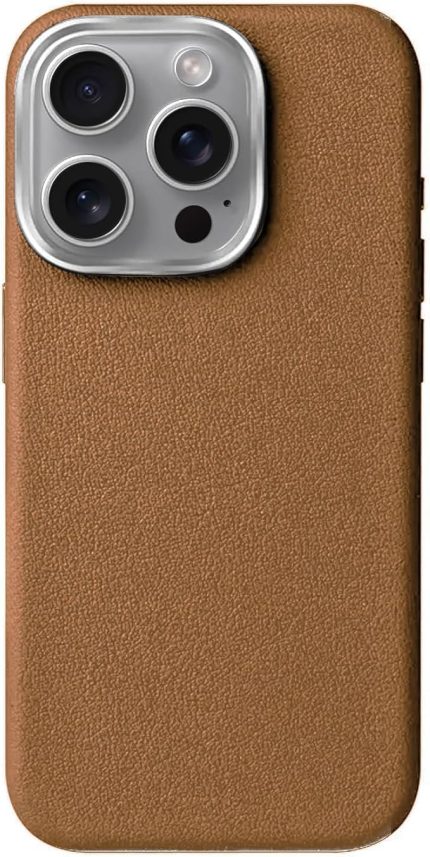 iPhone 16 Pro için MagSafe ile Uyumlu Çizilmeyen ve Parmak İzi Tutmayan Deri Görünümlü Metal Tuşlu ve Metal Lens Çerçeveli Hybrid Silikon Kılıf (Taba, 16 Pro)