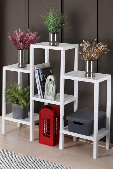 Home 6 Raflı Plastik Raf Ünitesi Saksılık Çiçeklik Saksı Standı Dekoratif Raf Beyaz