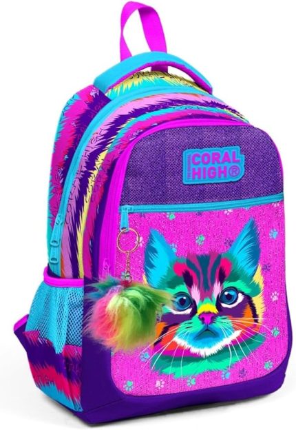 High Üç Gözlü Kız Çocuk İlk ve Orta Okul Çantası - Mor Kedi