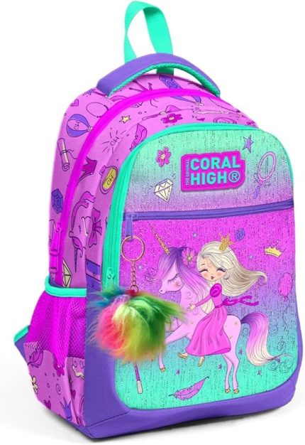 High Üç Gözlü Kız Çocuk İlk ve Orta Okul Çantası - Pembe Yeşil Unicorn ve Prenses