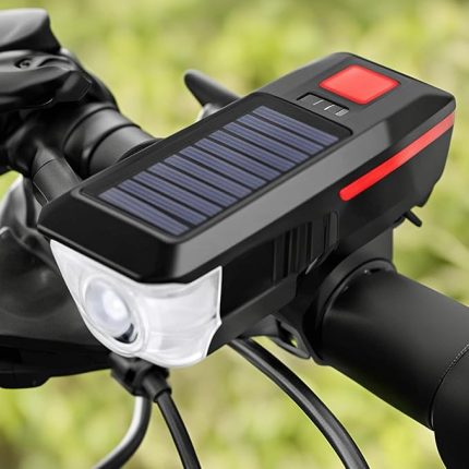 Güneş Enerjili USB ile Şarj Edilebilir LED Bisiklet Feneri Kornalı Suya Dayanıklı Far