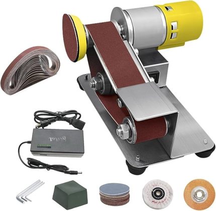 Electric Belt Grinder Machine, 7 Speed Adjustable Belt Sanding Polishing Machine, Electric Bench Belt Sander for Plastic Polishing/Knife Edge/Wood