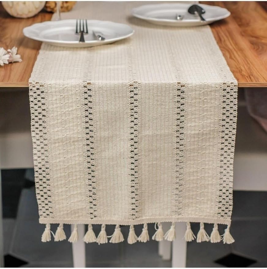 Home Pamuklu Şal Motif Dantel Örgü Runner Şal Desen Masa Runner, 35x145 Cm Püsküllü Runner