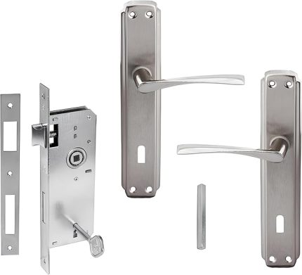 Nikel Saten Oda Kapı Kolu + Hok ER-40 Ekstra Gömme Kilit İç Kapı Oda Kilidi Rulmanlı Köşeli 40 mm Takım