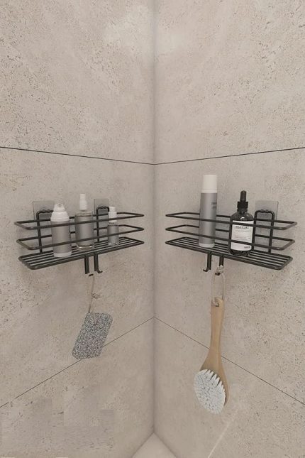 Siyah Banyo Duş Askısı ile 2 Adet Yapışkanlı Kancalı Banyo Rafı