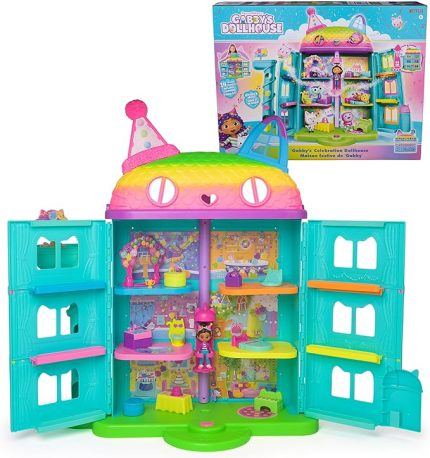 Dollhouse, 15 parça Purrfect Party oyuncak bebek evi oyun seti, gökkuşağı görünümlü, 60 cm'den büyük, Gabby figürlü, mobilya ve ses efektli, 3 yaş ve üzeri