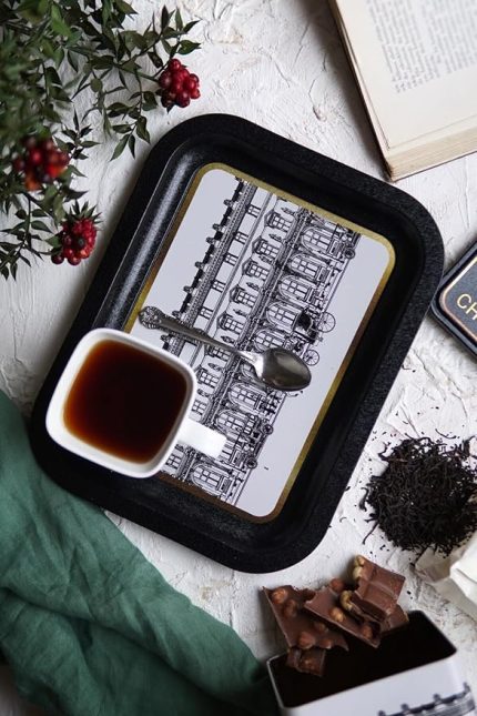 Gallery EVLE-City Desenli Metal Tepsi - Çay Kahve Tepsisi - Sunum Tepsisi 23 Cm X 31 Cm (City)