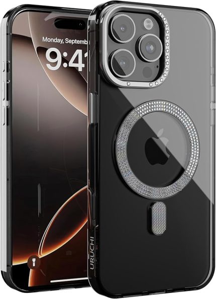 iPhone 16 Pro Max ile Uyumlu Şeffaf Taşlı Mag-Safe Kılıf – Sert Mika Sararmaz Kılıf, N52 Güçlü Mıknatıs, Bağımsız Tuşlar, Lüks Kristal Tasarım (Siyah Şeffaf, iPhone 16 Pro Max)