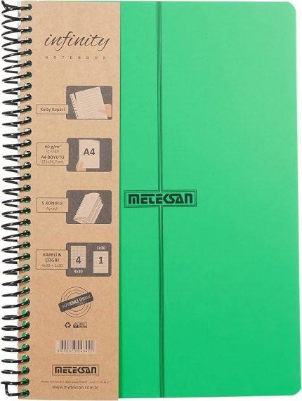 Infinity Primary Serisi, A4, 5 Konulu (4 Kareli, 1 Çizgili) 150 Yaprak PP Kapaklı Spiralli Defter, Yeşil