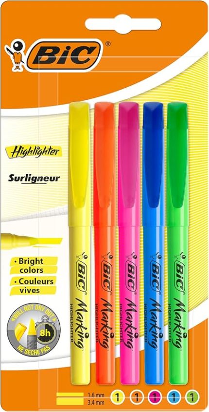 Intensity Marking Highlighter Fosforlu Kalem 5'Li Blister Karışık Renkler, Floresan Su Bazlı Mürekkep
