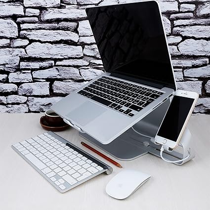 Alüminyum Laptop Standı & Telefon Tutucu – 10”-17” Dizüstü Bilgisayar Uyumlu, Kaymaz Ayaklı Ergonomik Yükseklikli MacBook Standı, Masaüstü Soğutucu Destekli Gri - Görsel 5