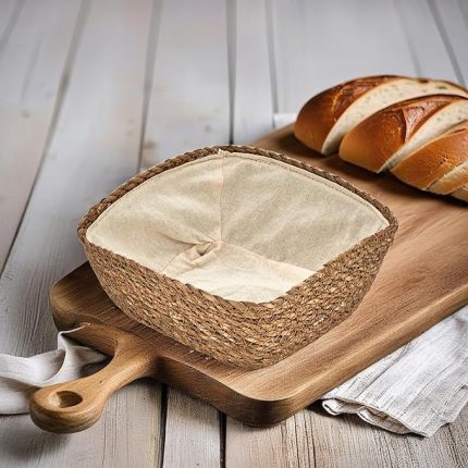 El Yapımı Hasır İçi Bezli Kare Ekmeklik ve Dekoratif Kare Hasır Sepet, Hasır İçi Bezli Ekmek Sepeti Kare (20cm*20cm*8cm)